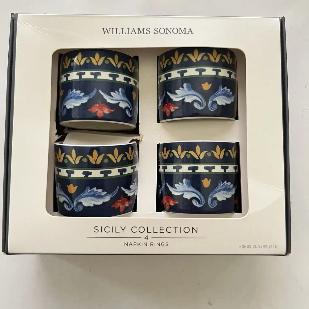 Williams Sonoma Sicily Napkin Rings Set of 4 Blue Ceramic New Box